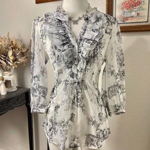 Y2K Coquette Toile‎ Style Ruffle Chiffon Blouse